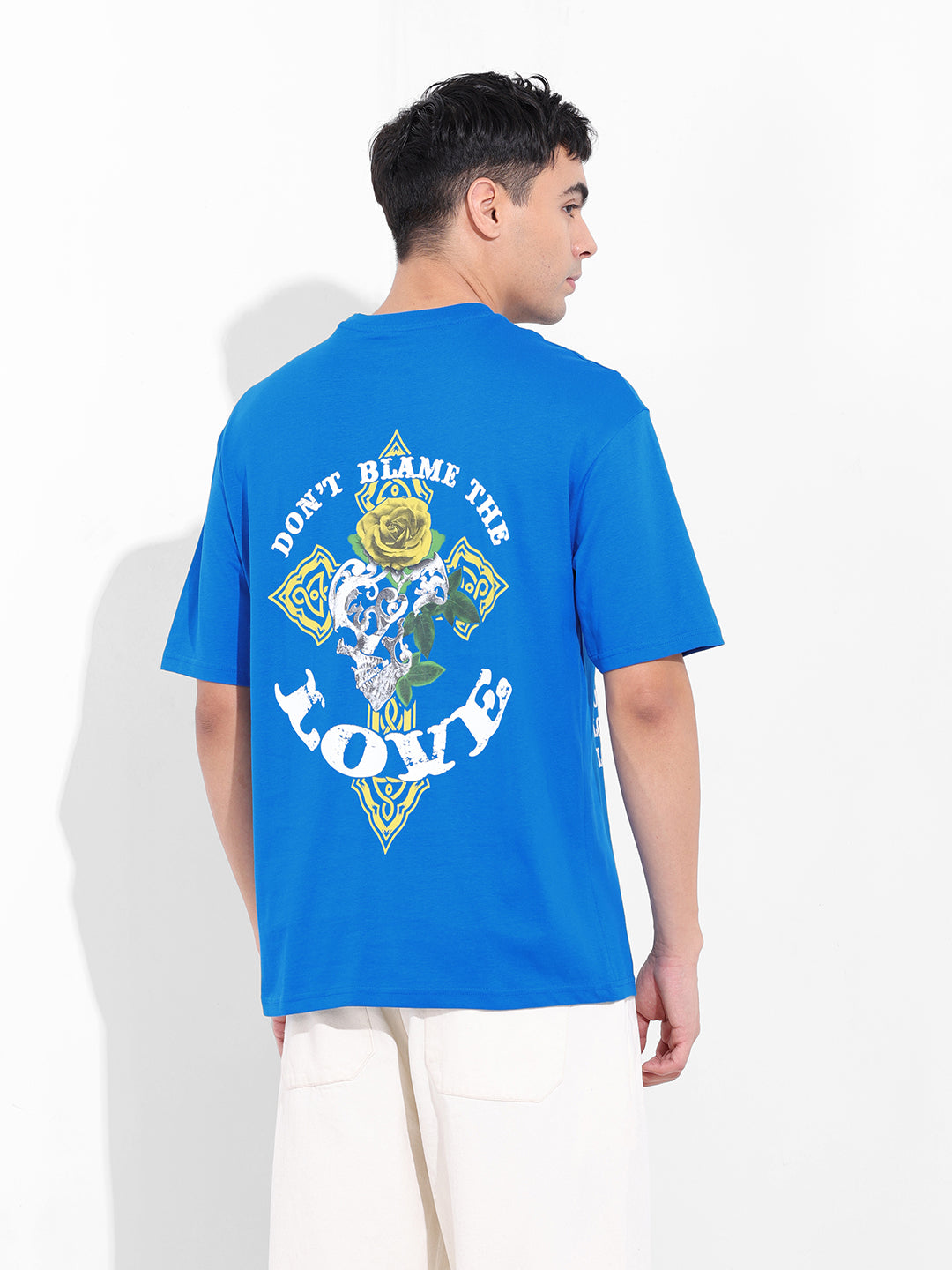 Men's Blue Boxy Oversized Graphic Back Printed Round Neck T-shirt