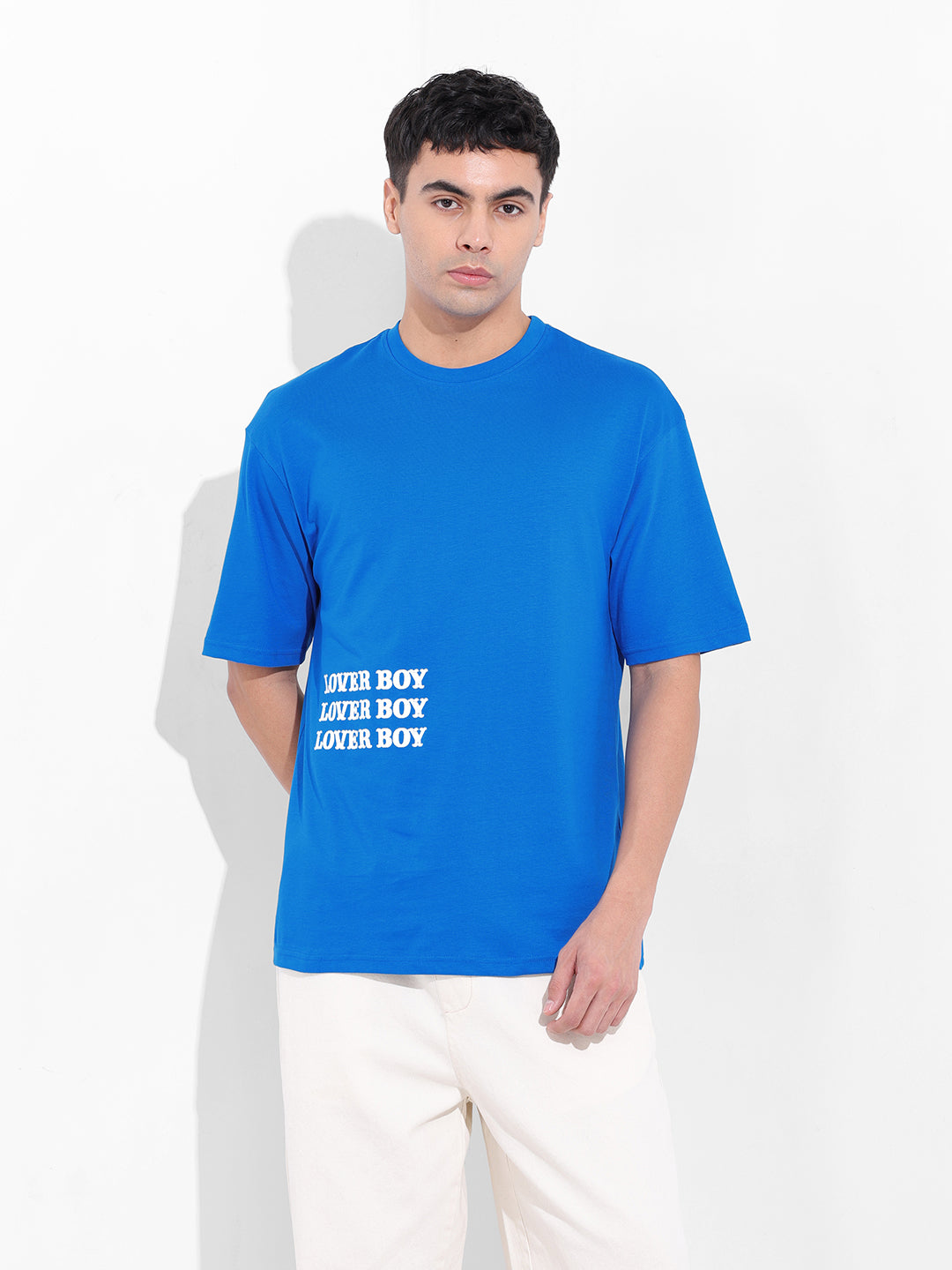 Men's Blue Boxy Oversized Graphic Back Printed Round Neck T-shirt