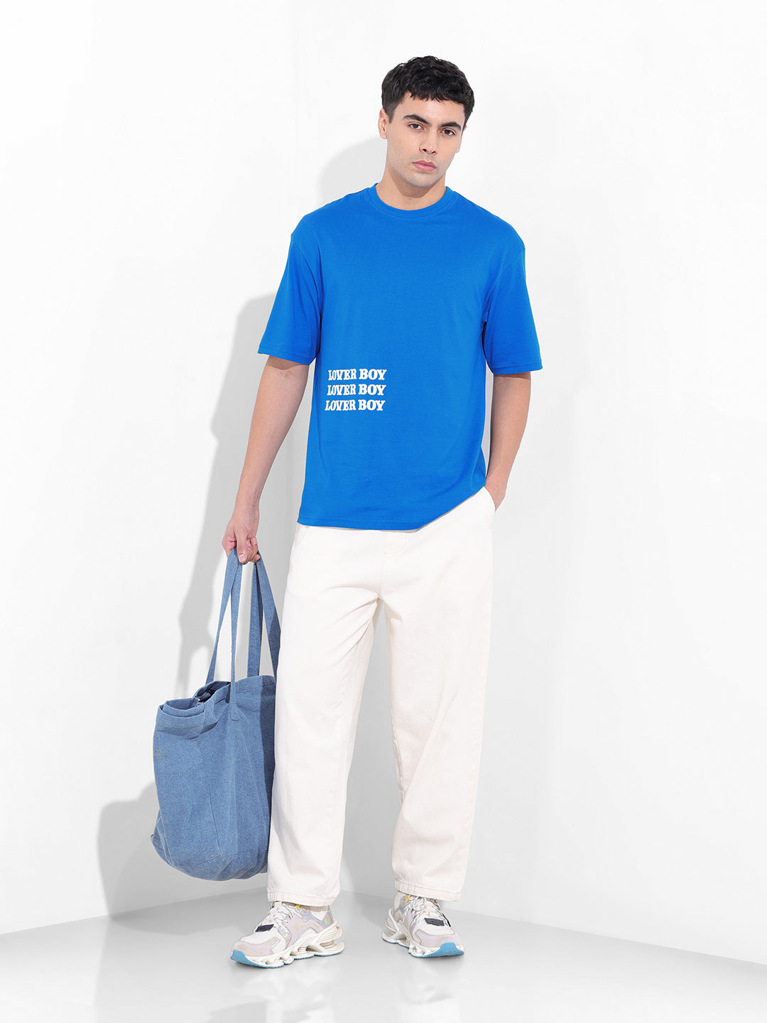 Men's Blue Boxy Oversized Graphic Back Printed Round Neck T-shirt