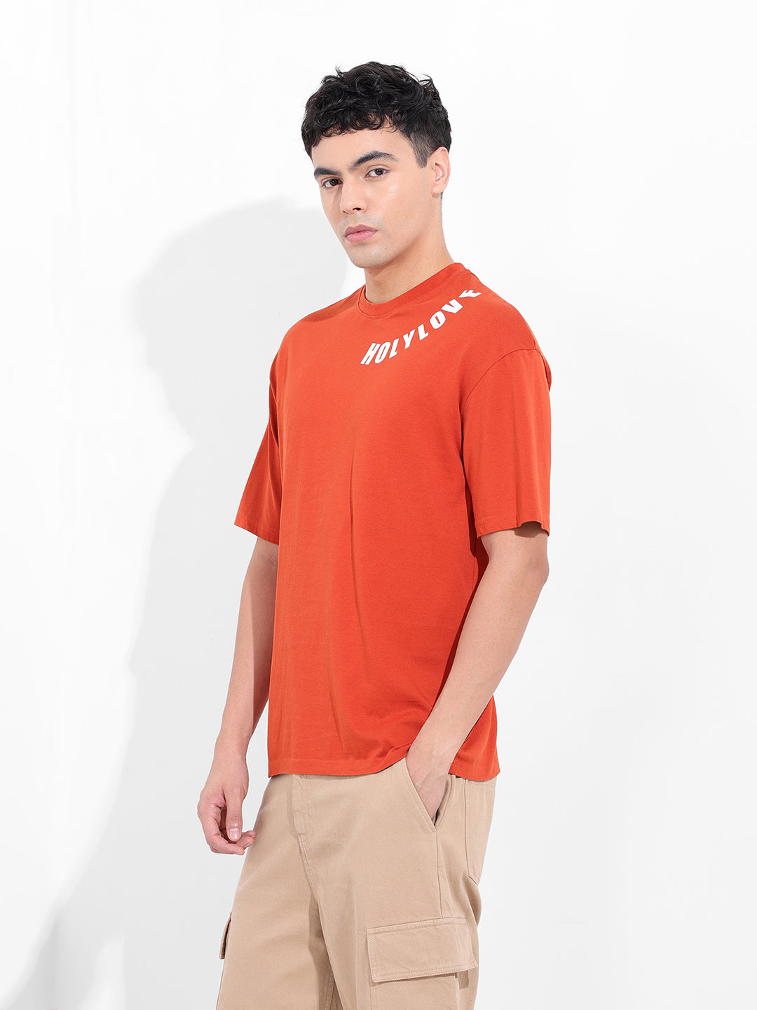 Men's Orange Boxy Oversized Graphic Back Printed Round Neck T-shirt