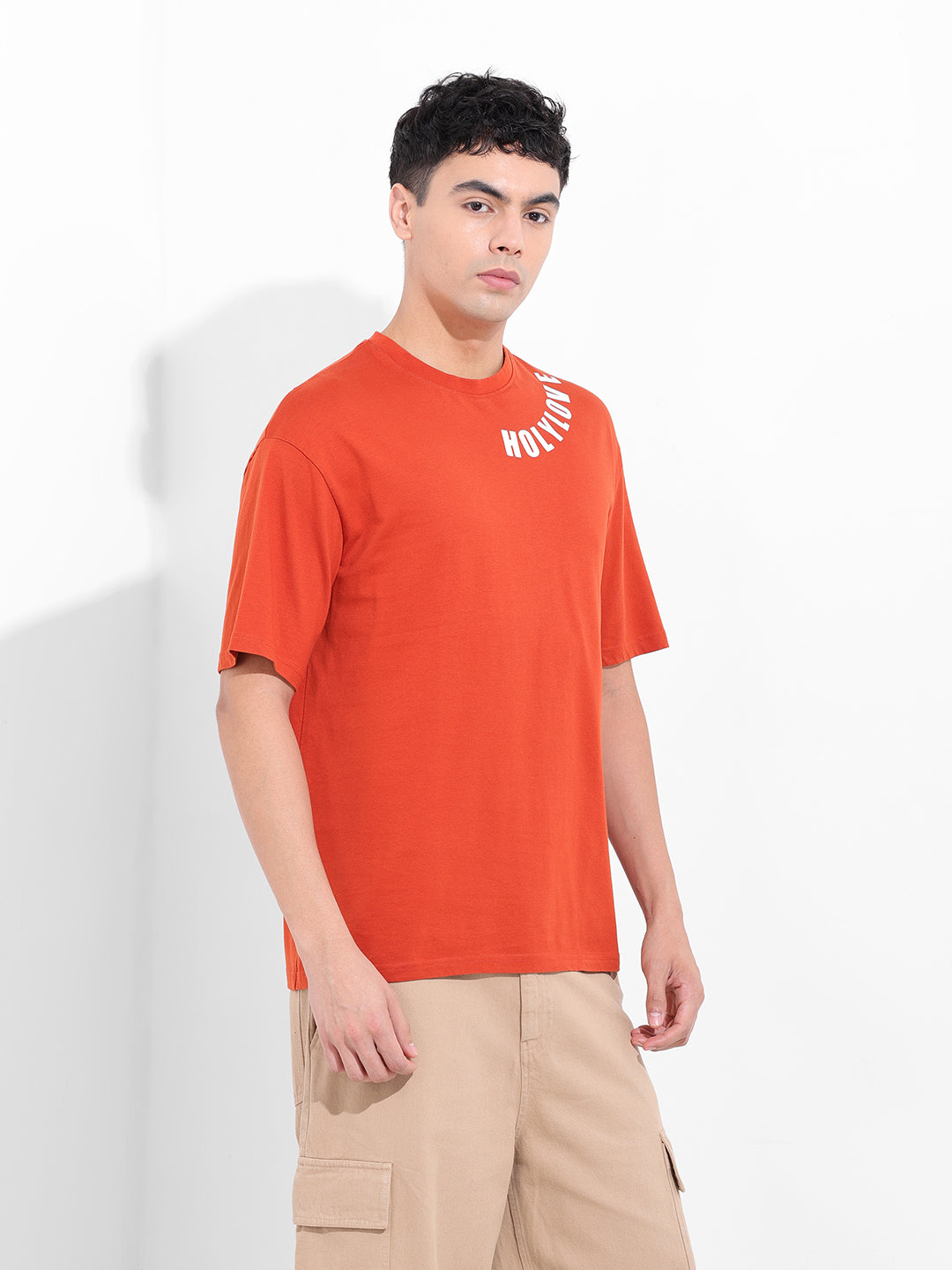 Men's Orange Boxy Oversized Graphic Back Printed Round Neck T-shirt