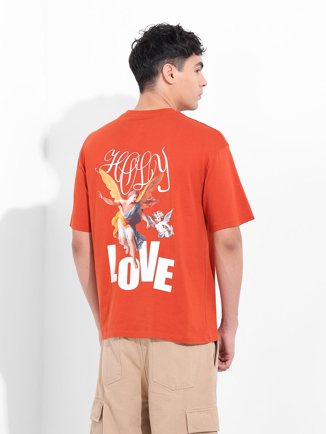Men's Orange Boxy Oversized Graphic Back Printed Round Neck T-shirt
