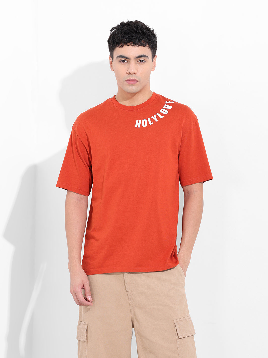 Men's Orange Boxy Oversized Graphic Back Printed Round Neck T-shirt