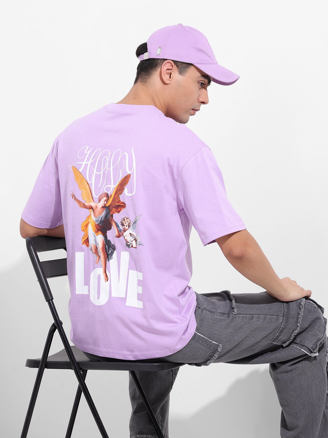 Men's Purple Boxy Oversized Graphic Back Printed Round Neck T-shirt