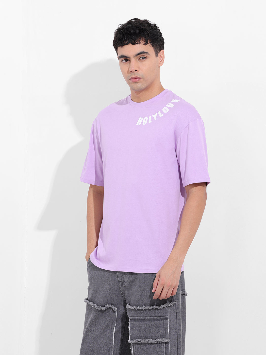 Men's Purple Boxy Oversized Graphic Back Printed Round Neck T-shirt
