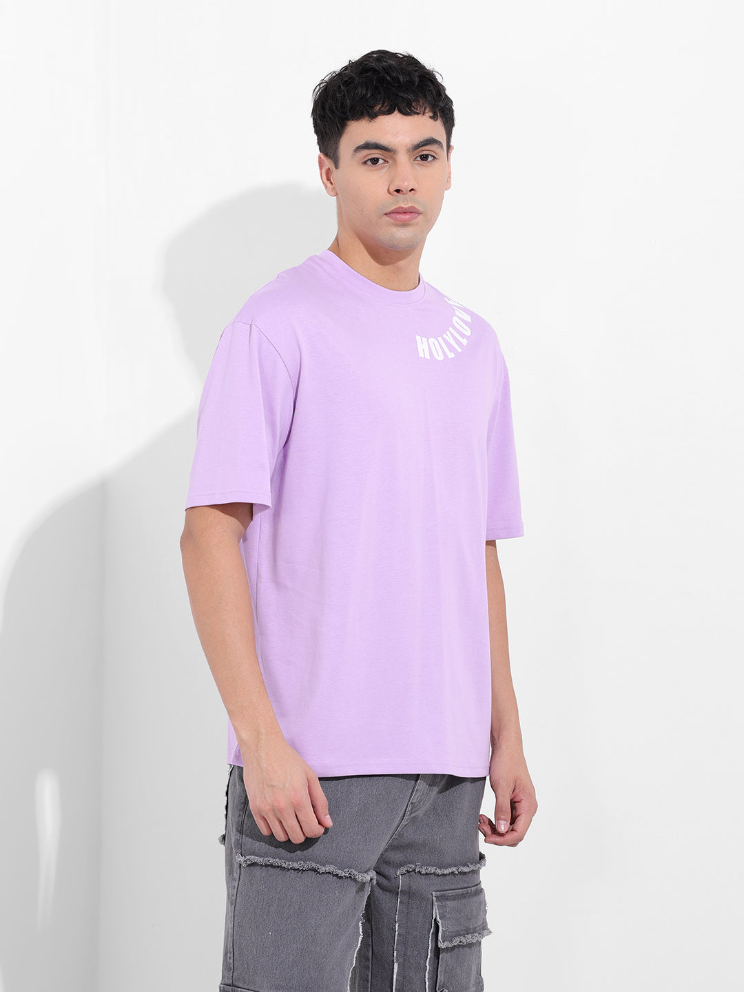Men's Purple Boxy Oversized Graphic Back Printed Round Neck T-shirt