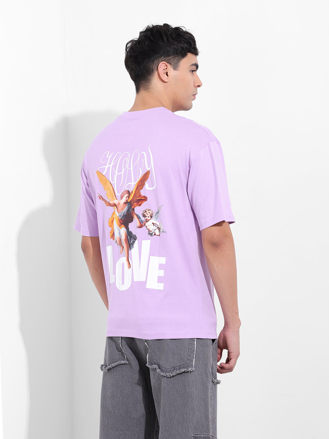 Men's Purple Boxy Oversized Graphic Back Printed Round Neck T-shirt