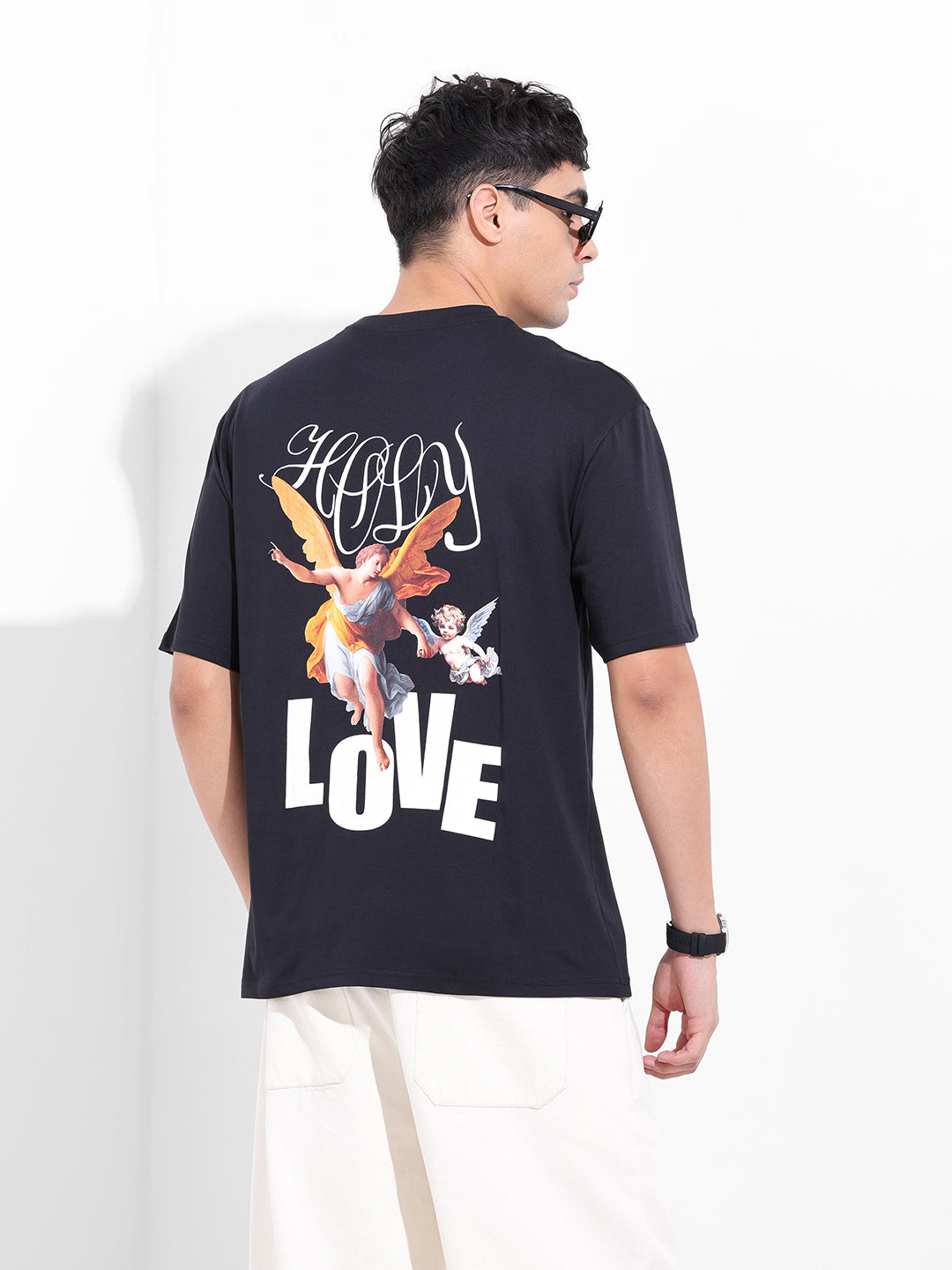 Men's Black Boxy Oversized Graphic Back Printed Round Neck T-shirt