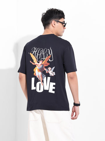 Men's Black Boxy Oversized Graphic Back Printed Round Neck T-shirt