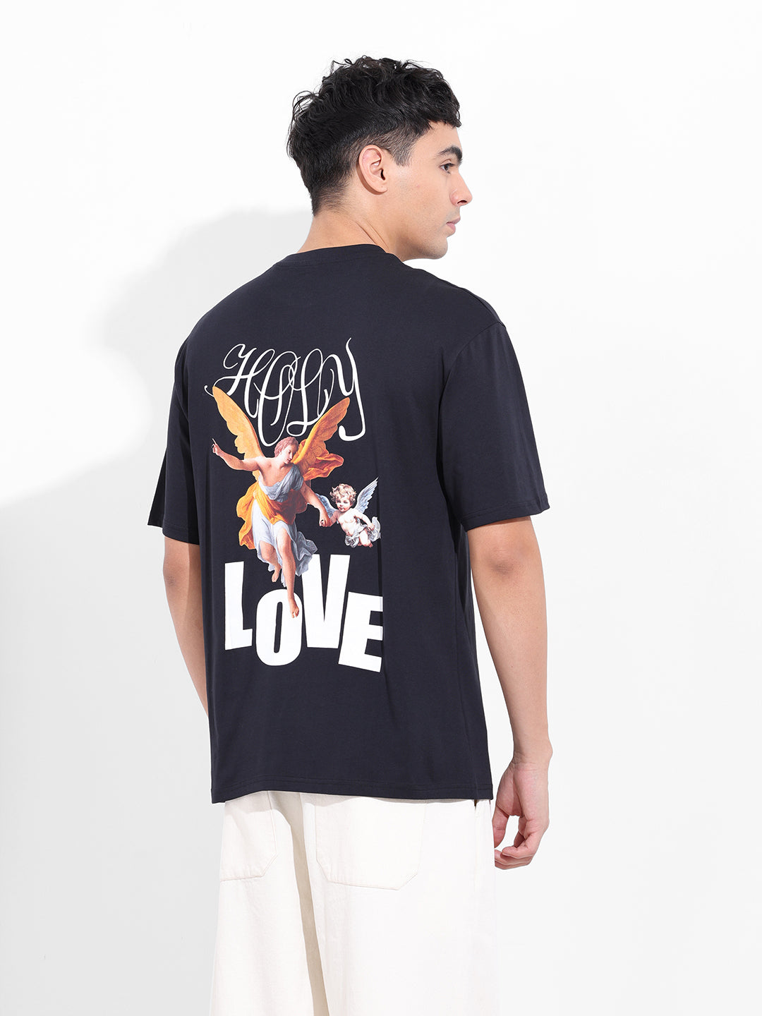 Men's Black Boxy Oversized Graphic Back Printed Round Neck T-shirt