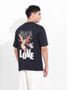 Men's Black Boxy Oversized Graphic Back Printed Round Neck T-shirt