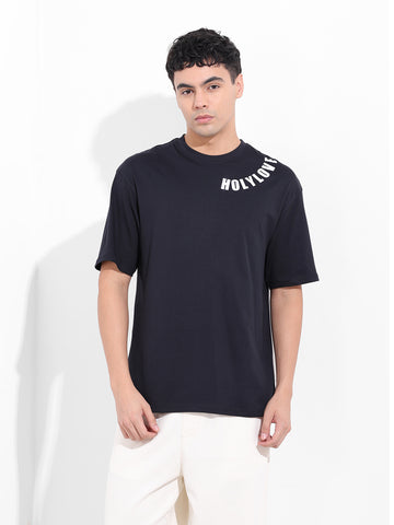Men's Black Boxy Oversized Graphic Back Printed Round Neck T-shirt