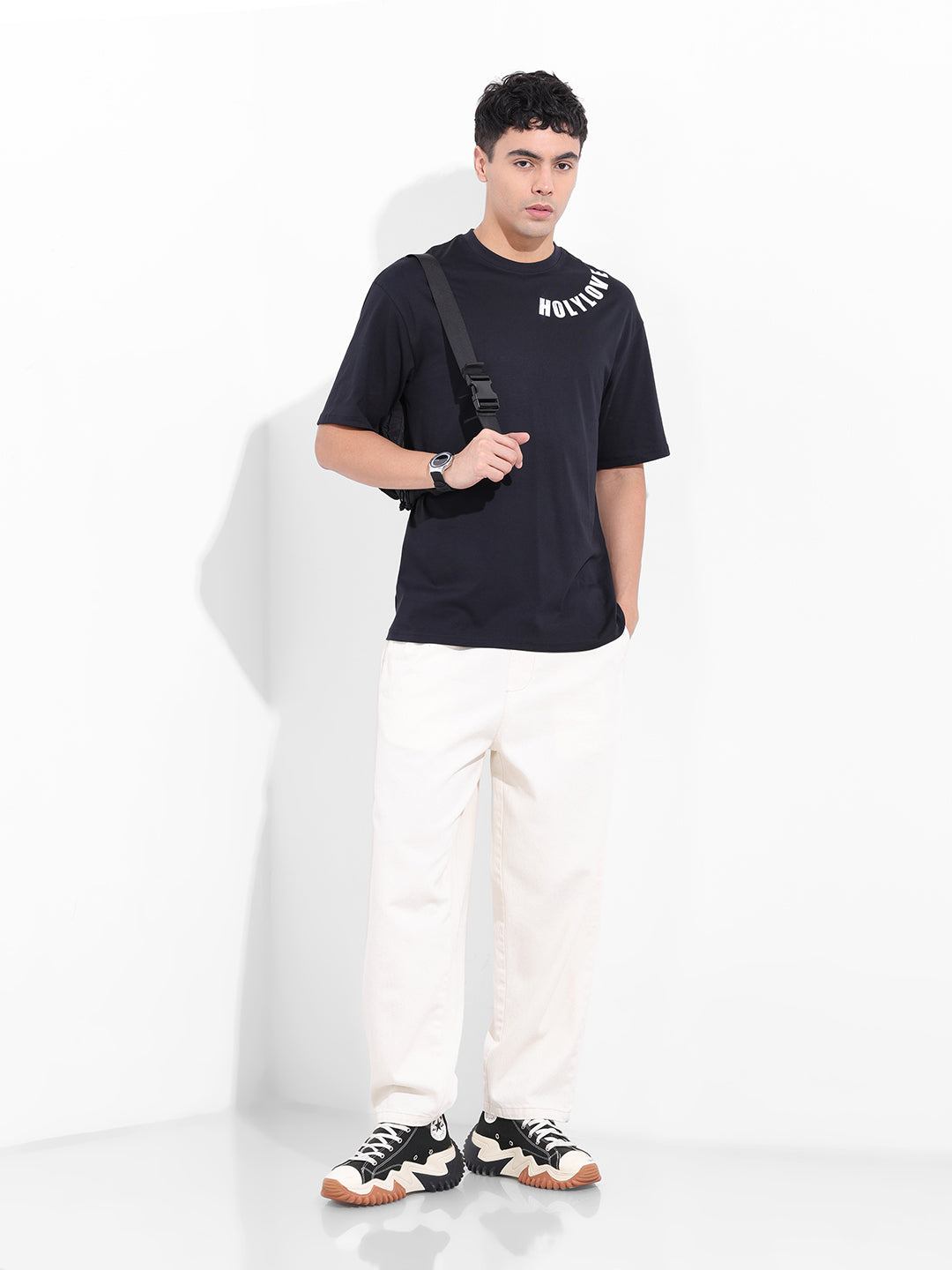 Men's Black Boxy Oversized Graphic Back Printed Round Neck T-shirt