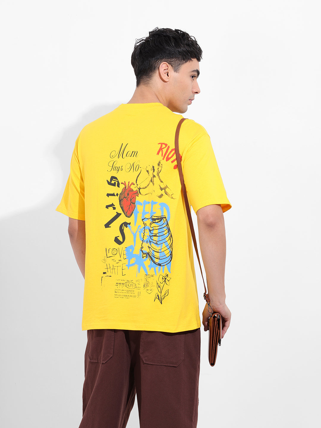 Men's Yellow Boxy Oversized Graphic Back Printed Round Neck T-shirt