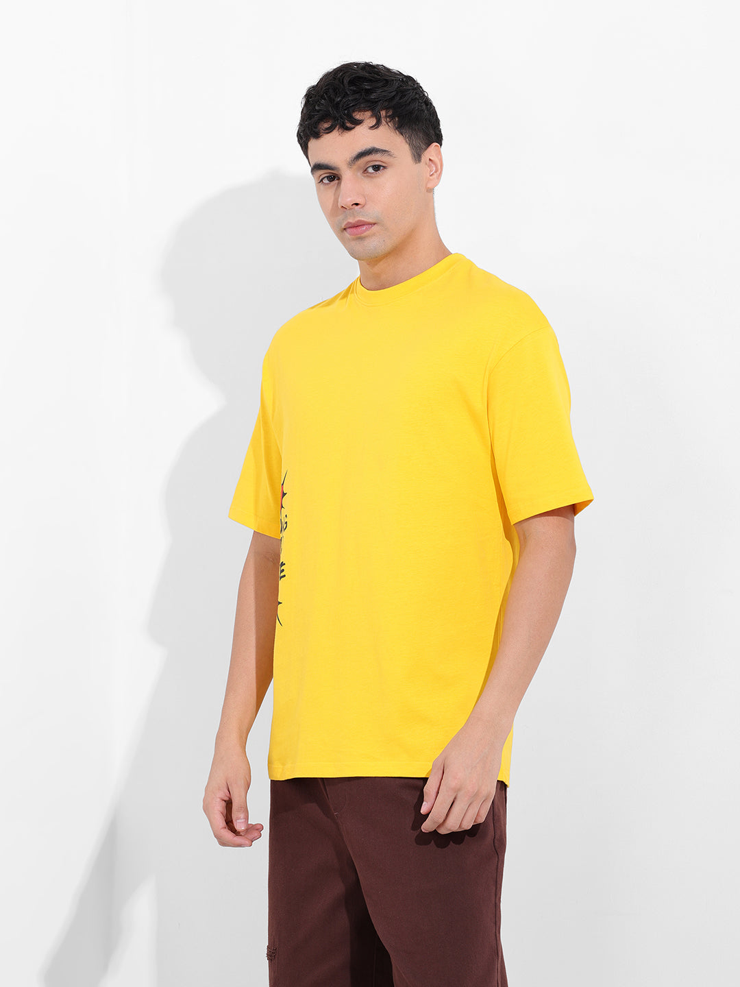 Men's Yellow Boxy Oversized Graphic Back Printed Round Neck T-shirt