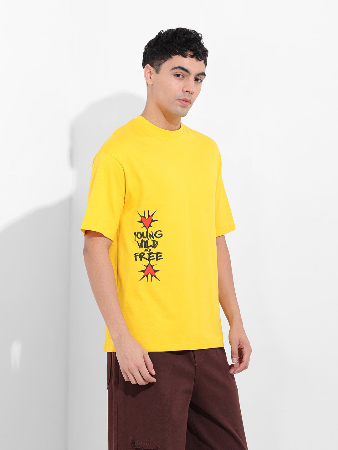Men's Yellow Boxy Oversized Graphic Back Printed Round Neck T-shirt