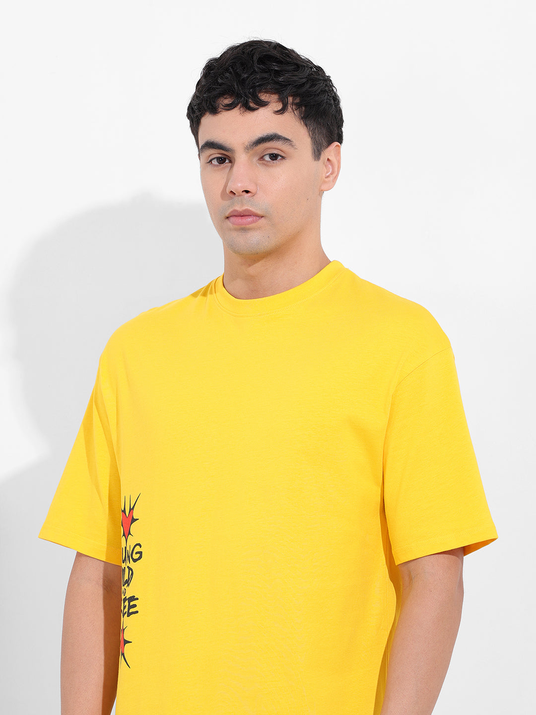 Men's Yellow Boxy Oversized Graphic Back Printed Round Neck T-shirt