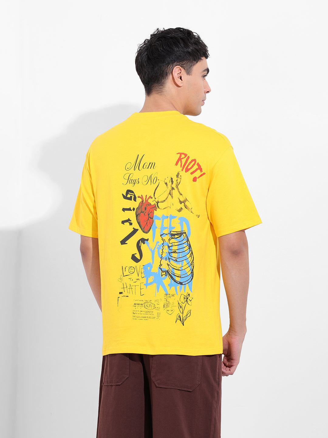 Men's Yellow Boxy Oversized Graphic Back Printed Round Neck T-shirt