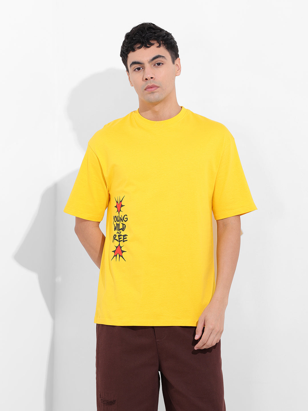 Men's Yellow Boxy Oversized Graphic Back Printed Round Neck T-shirt