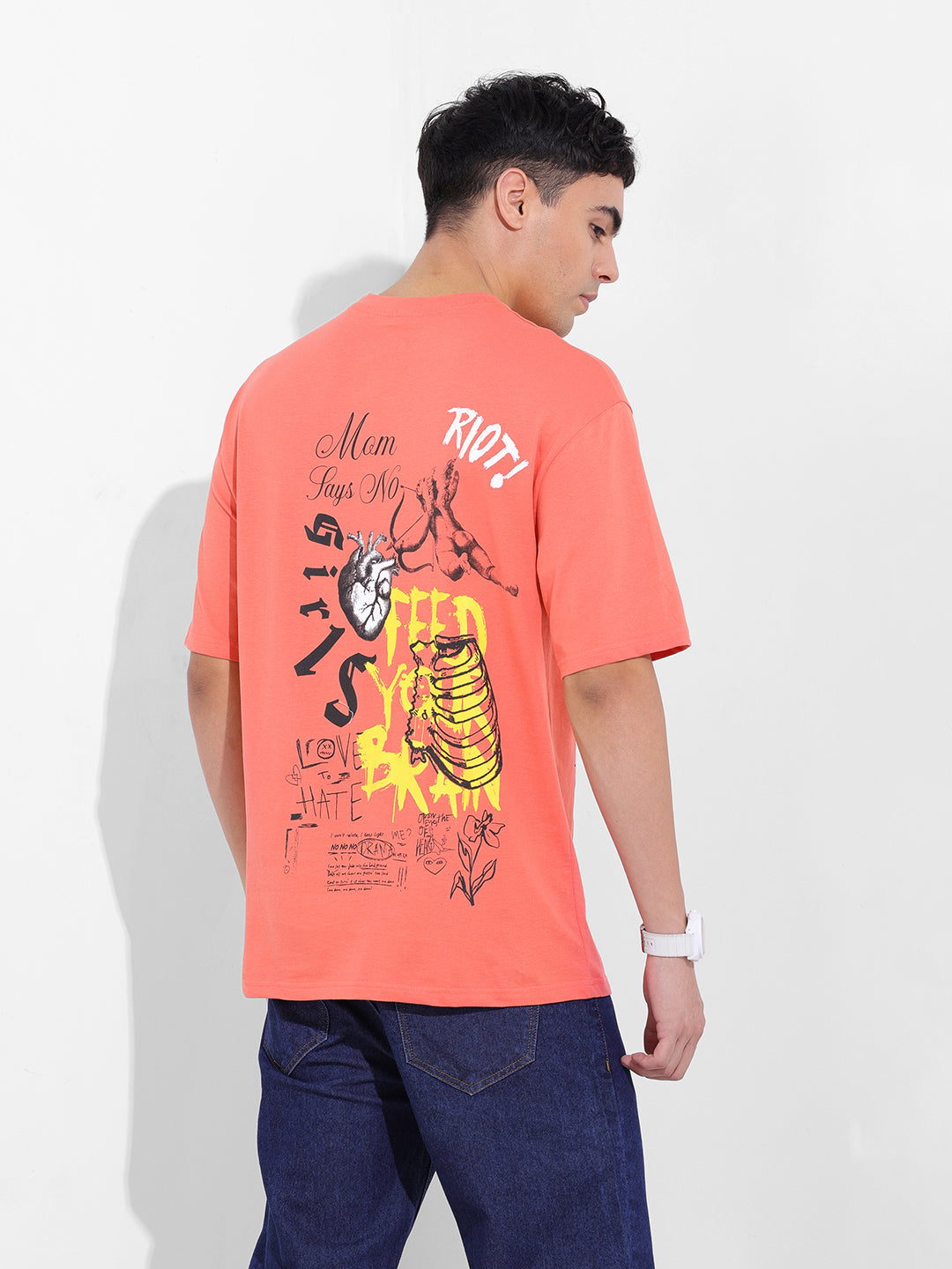 Men's Red Boxy Oversized Graphic Back Printed Round Neck T-shirt