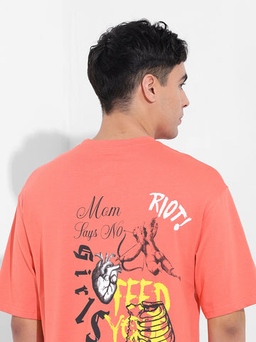 Men's Red Boxy Oversized Graphic Back Printed Round Neck T-shirt