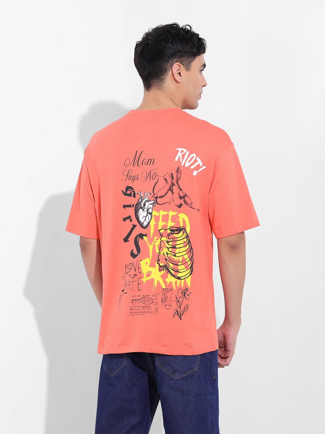 Men's Red Boxy Oversized Graphic Back Printed Round Neck T-shirt