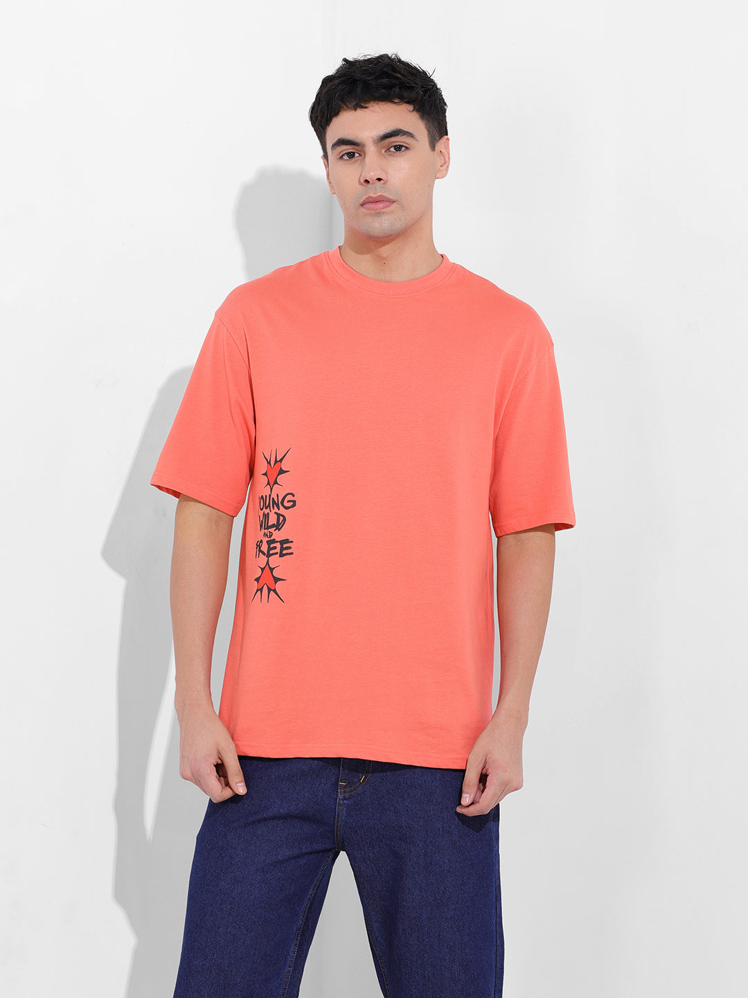 Men's Red Boxy Oversized Graphic Back Printed Round Neck T-shirt
