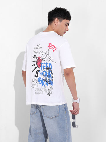 Men's White Boxy Oversized Graphic Back Printed Round Neck T-shirt