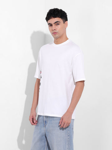 Men's White Boxy Oversized Graphic Back Printed Round Neck T-shirt
