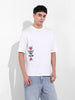 Men's White Boxy Oversized Graphic Back Printed Round Neck T-shirt