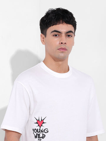 Men's White Boxy Oversized Graphic Back Printed Round Neck T-shirt