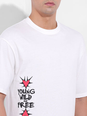 Men's White Boxy Oversized Graphic Back Printed Round Neck T-shirt