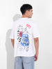 Men's White Boxy Oversized Graphic Back Printed Round Neck T-shirt