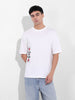 Men's White Boxy Oversized Graphic Back Printed Round Neck T-shirt