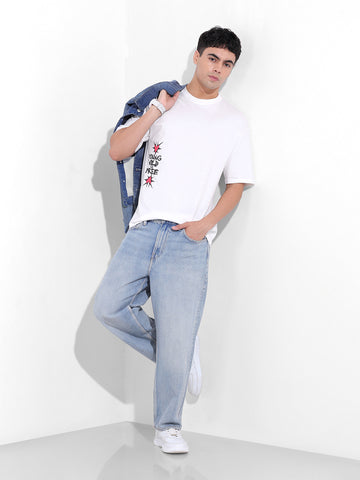 Men's White Boxy Oversized Graphic Back Printed Round Neck T-shirt