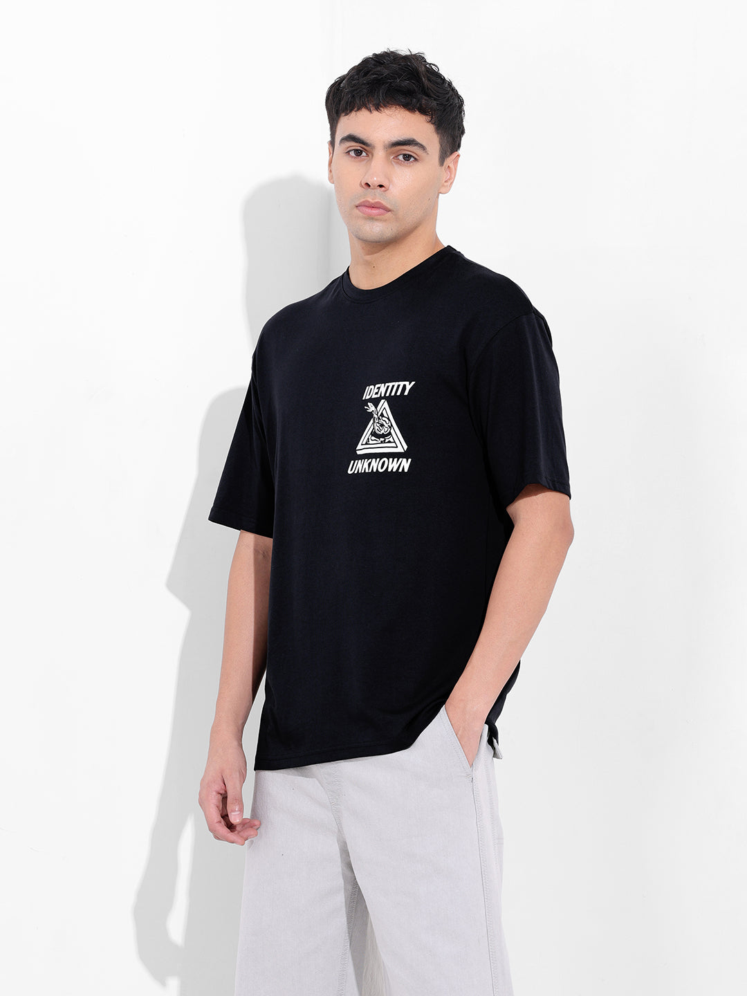 Men's Black Boxy Oversized Graphic Back Printed Round Neck T-shirt