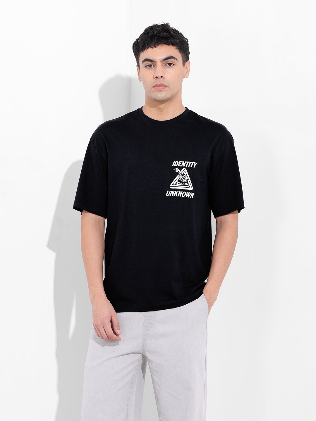 Men's Black Boxy Oversized Graphic Back Printed Round Neck T-shirt