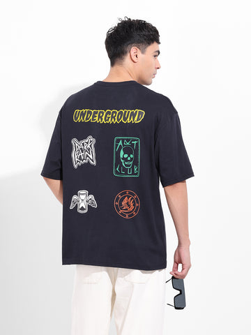 Men's Black Oversized Graphic Back Printed Round Neck T-shirt