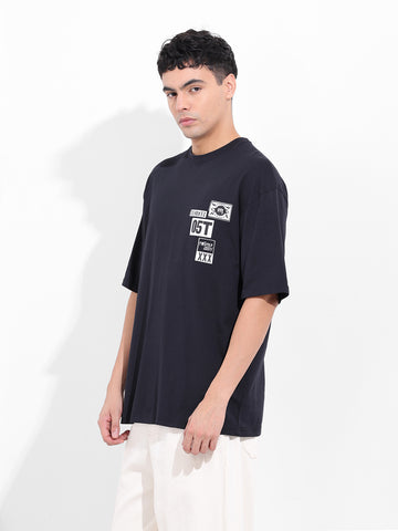 Men's Black Oversized Graphic Back Printed Round Neck T-shirt