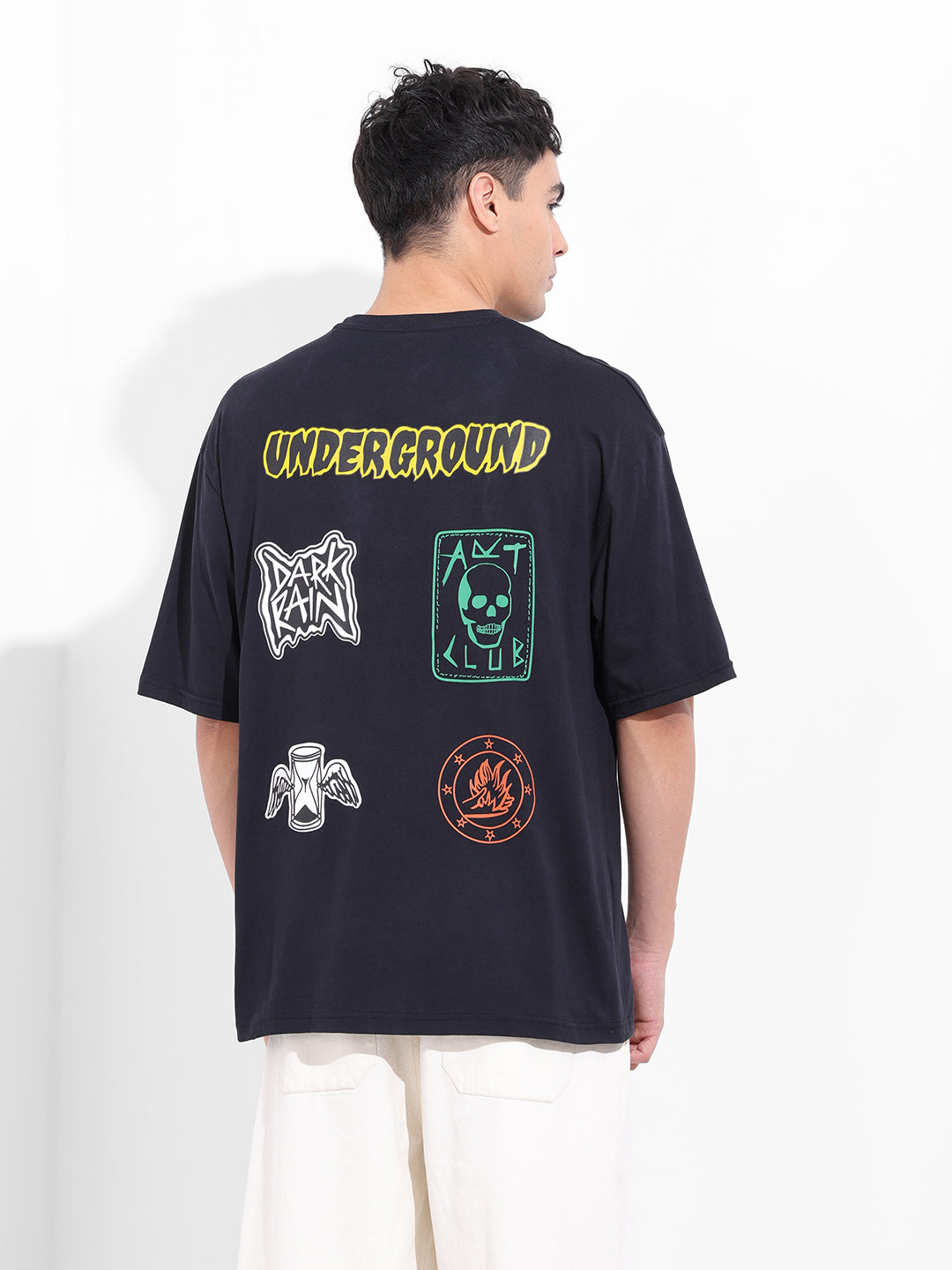 Men's Black Oversized Graphic Back Printed Round Neck T-shirt
