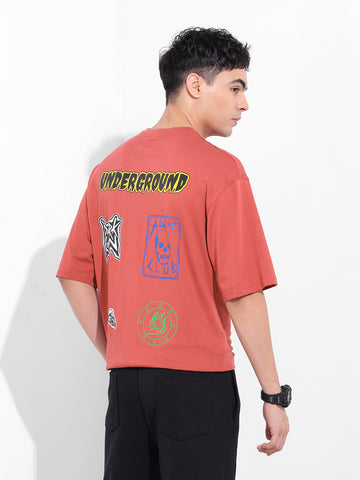 Men's Red Oversized Graphic Back Printed Round Neck T-shirt