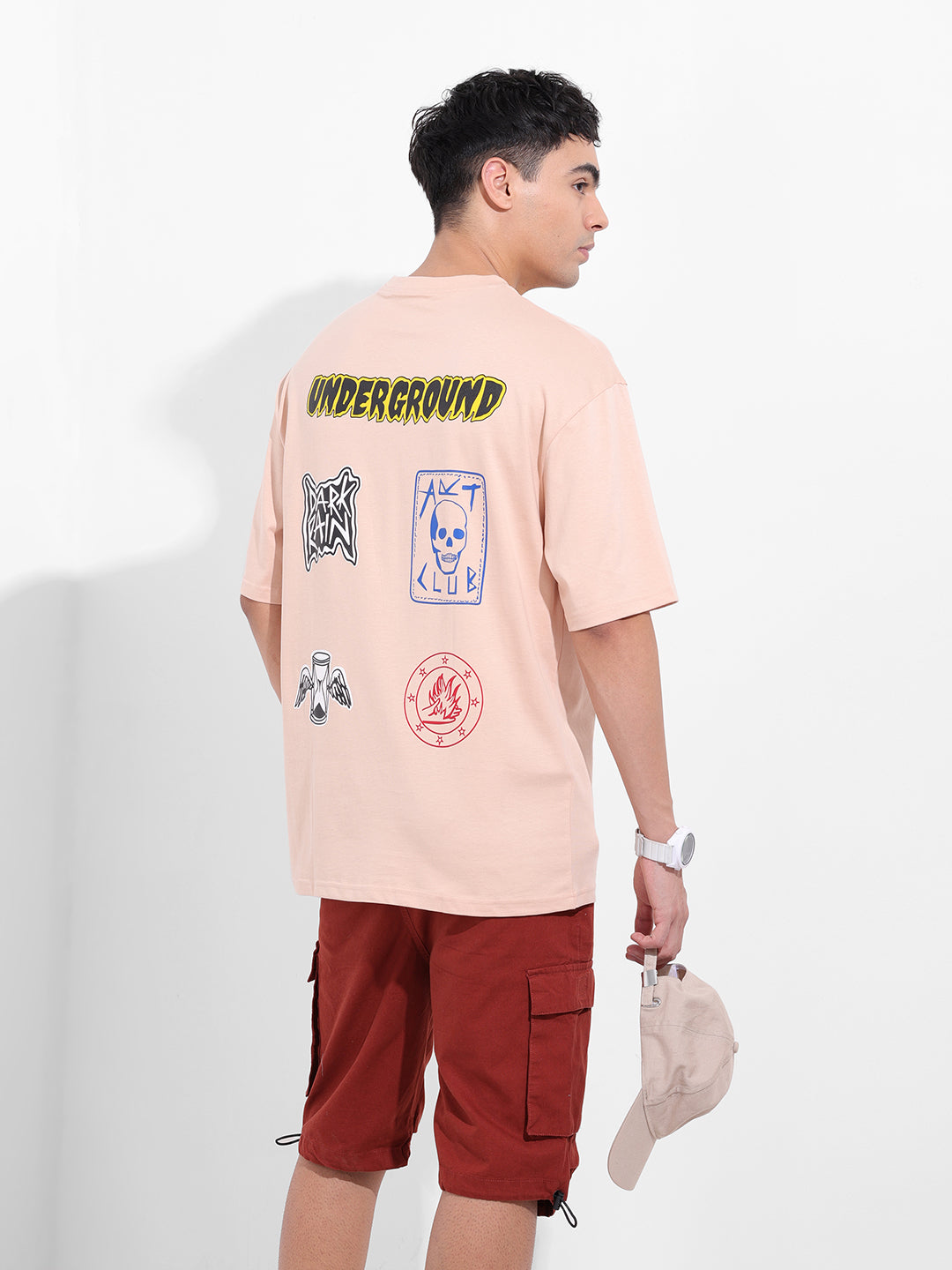 Men's Beige Oversized Graphic Back Printed Round Neck T-shirt