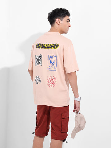 Men's Beige Oversized Graphic Back Printed Round Neck T-shirt