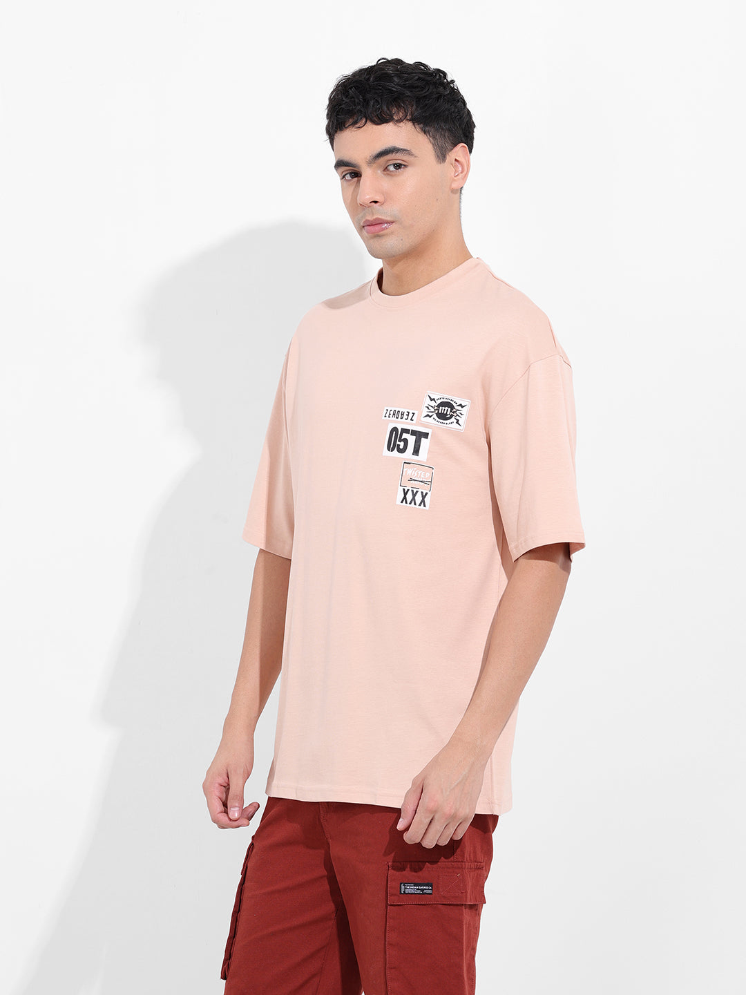 Men's Beige Oversized Graphic Back Printed Round Neck T-shirt