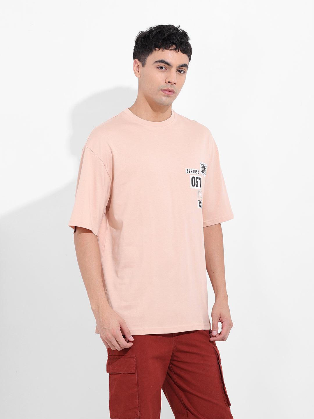 Men's Beige Oversized Graphic Back Printed Round Neck T-shirt