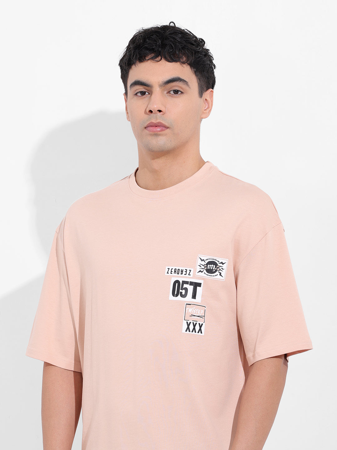 Men's Beige Oversized Graphic Back Printed Round Neck T-shirt