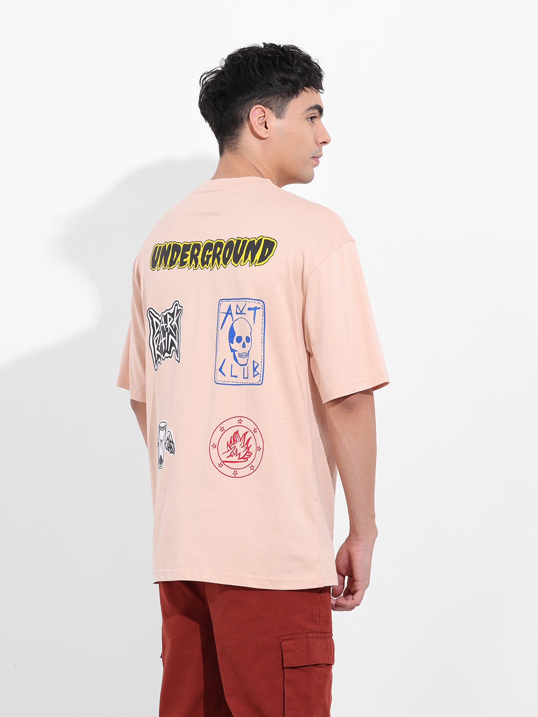 Men's Beige Oversized Graphic Back Printed Round Neck T-shirt