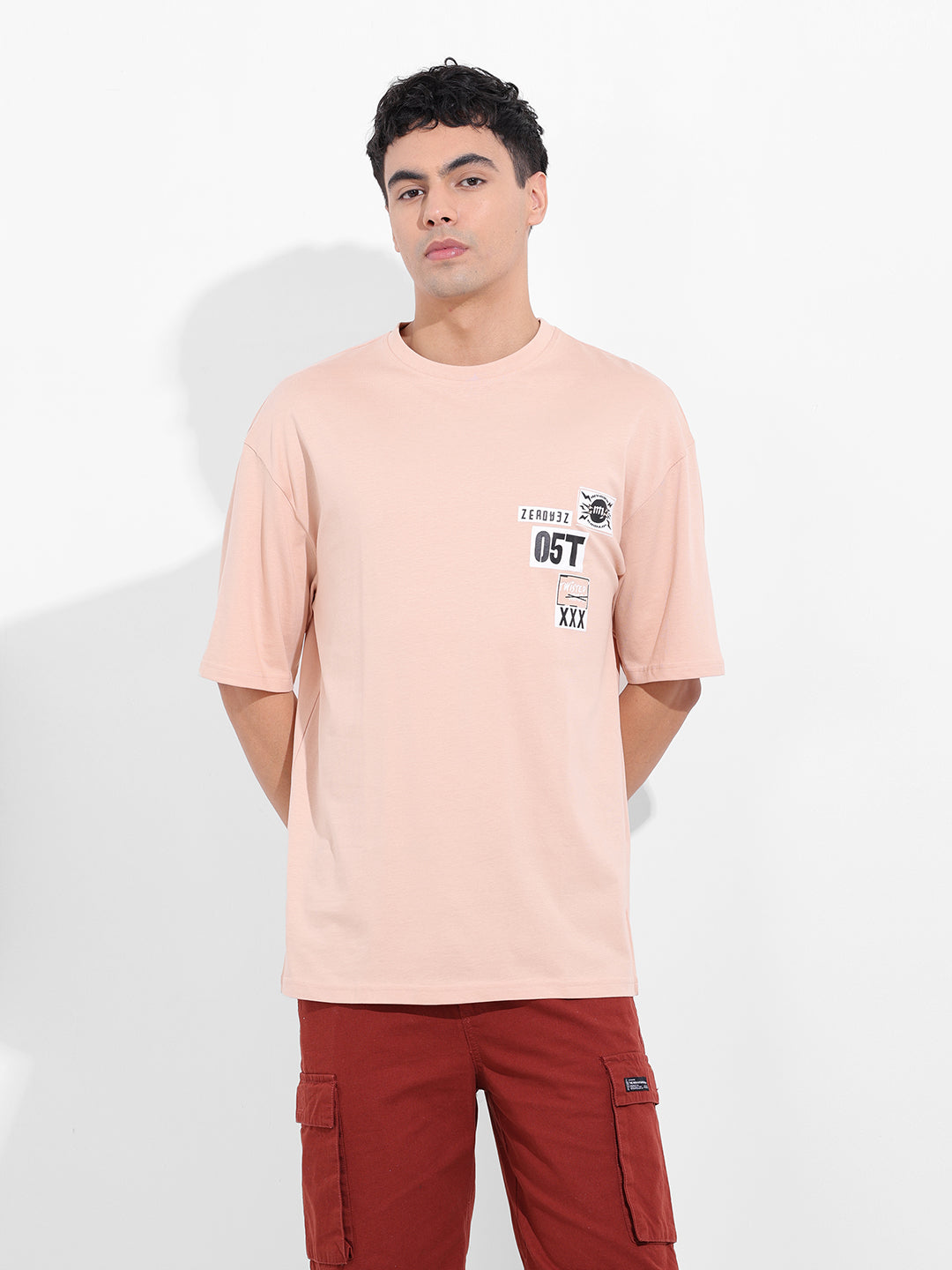 Men's Beige Oversized Graphic Back Printed Round Neck T-shirt
