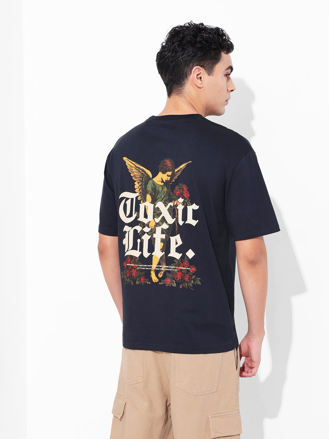 Men's Navy Boxy Oversized Graphic Back Printed Round Neck T-shirt