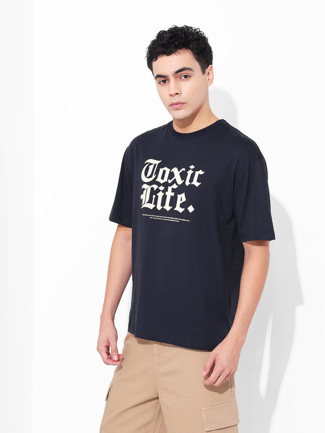 Men's Navy Boxy Oversized Graphic Back Printed Round Neck T-shirt